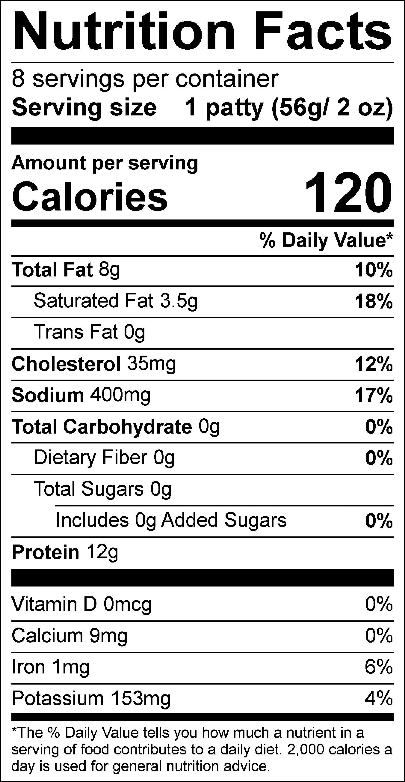 Zabiha halal breakfast sausage beef patties nutrition label