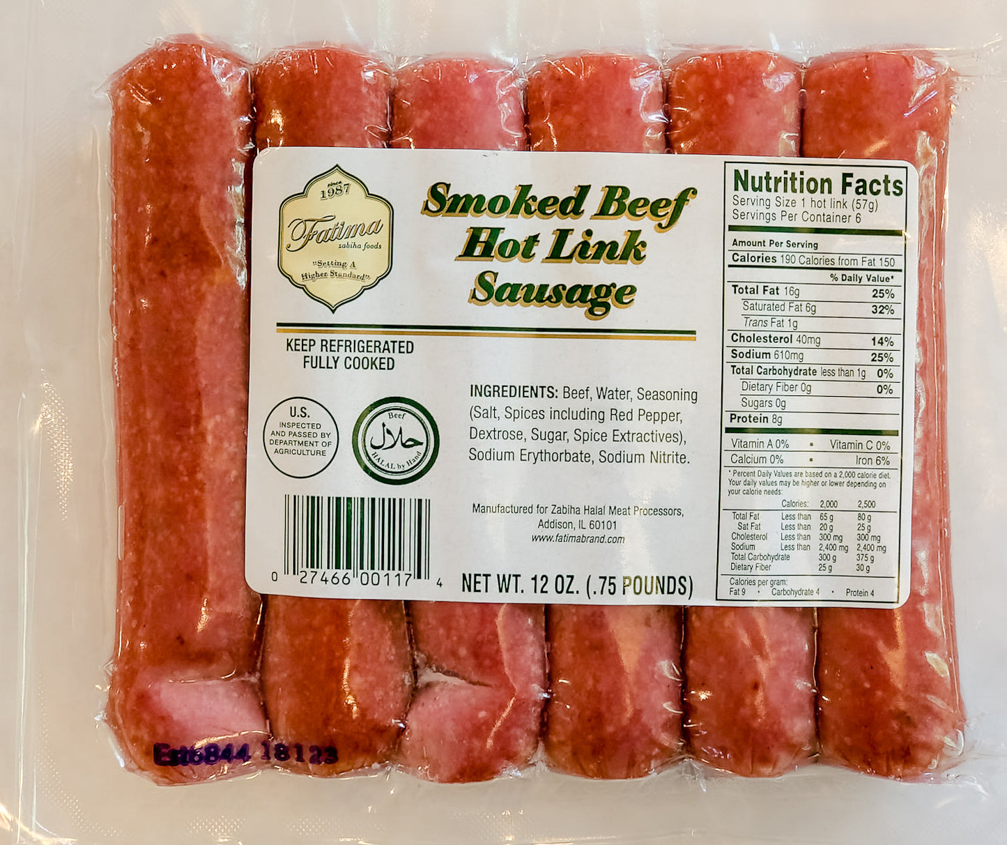 Zabiha halal smoked beef hot links package