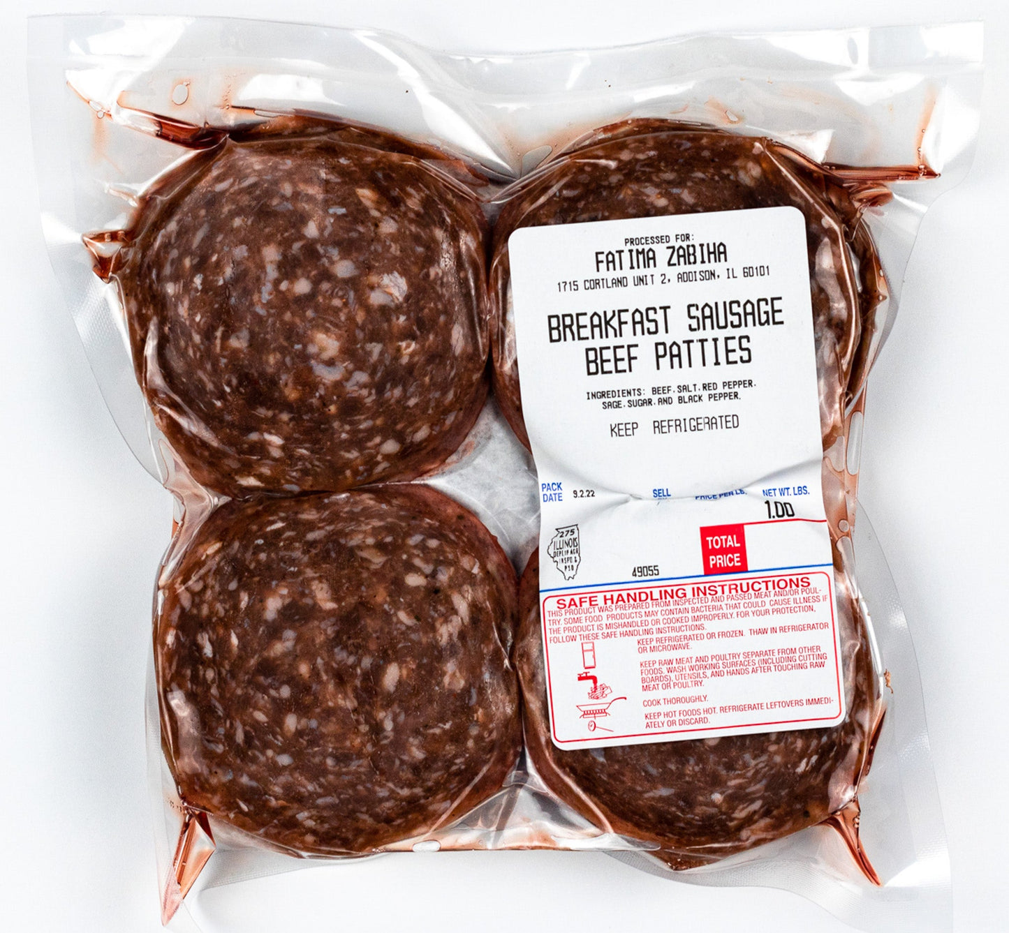 Zabiha halal breakfast sausage beef patties package